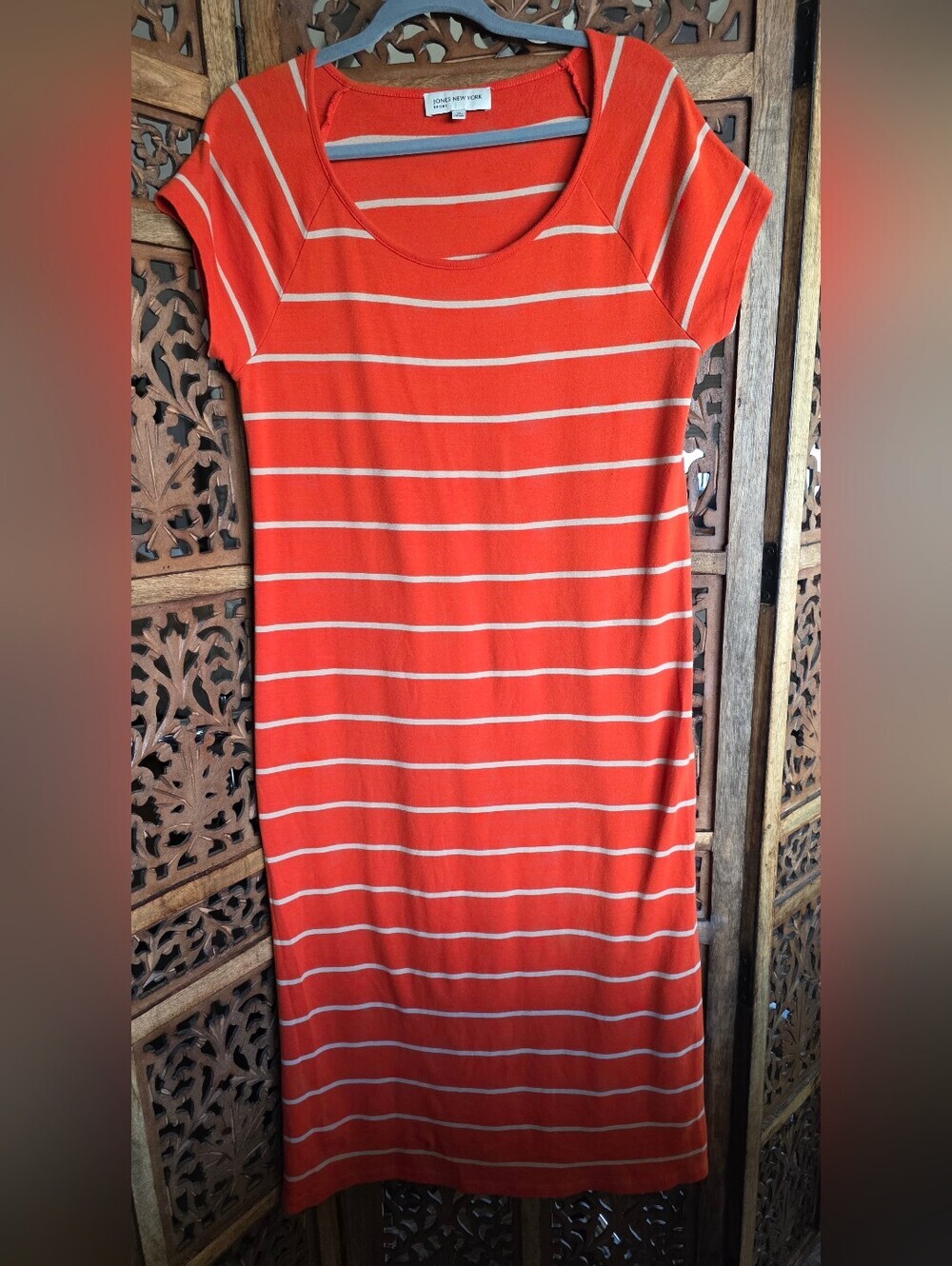 Jones New York Orange and Cream Striped Scoop-Neck Midi Dress